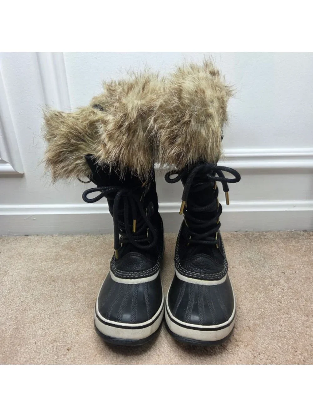 Sorel Joan of Arctic Black Suede Winter Snow Boots Tall Faux Fur Lined 7.5